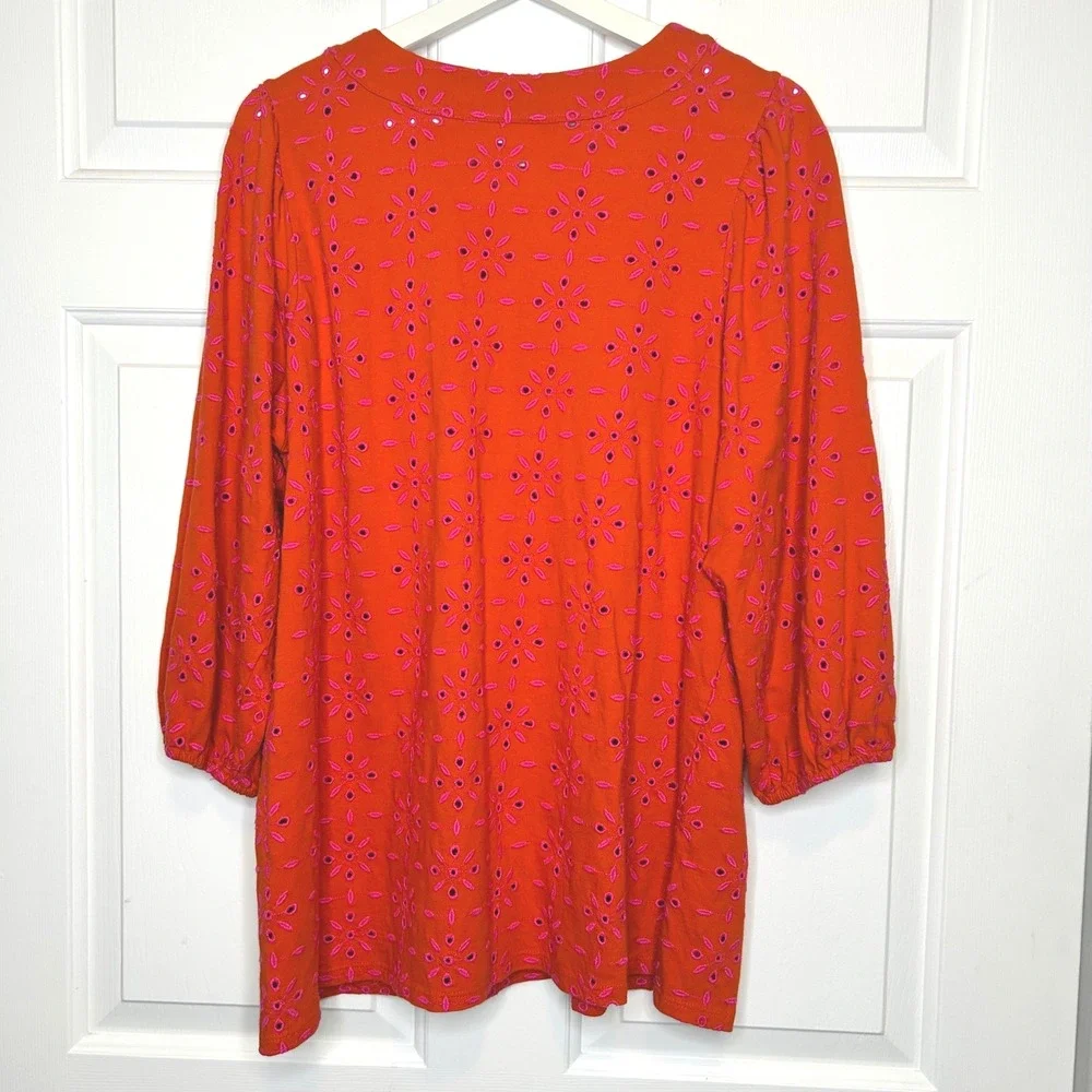 J Jill Contrasting Eyelet Tunic Embroidered Orange Pink 3/4 Sleeve V Neck Blouse - Picture 5 of 7